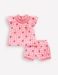 Smocked Play Set-Pink Rose Gingham Strawberries