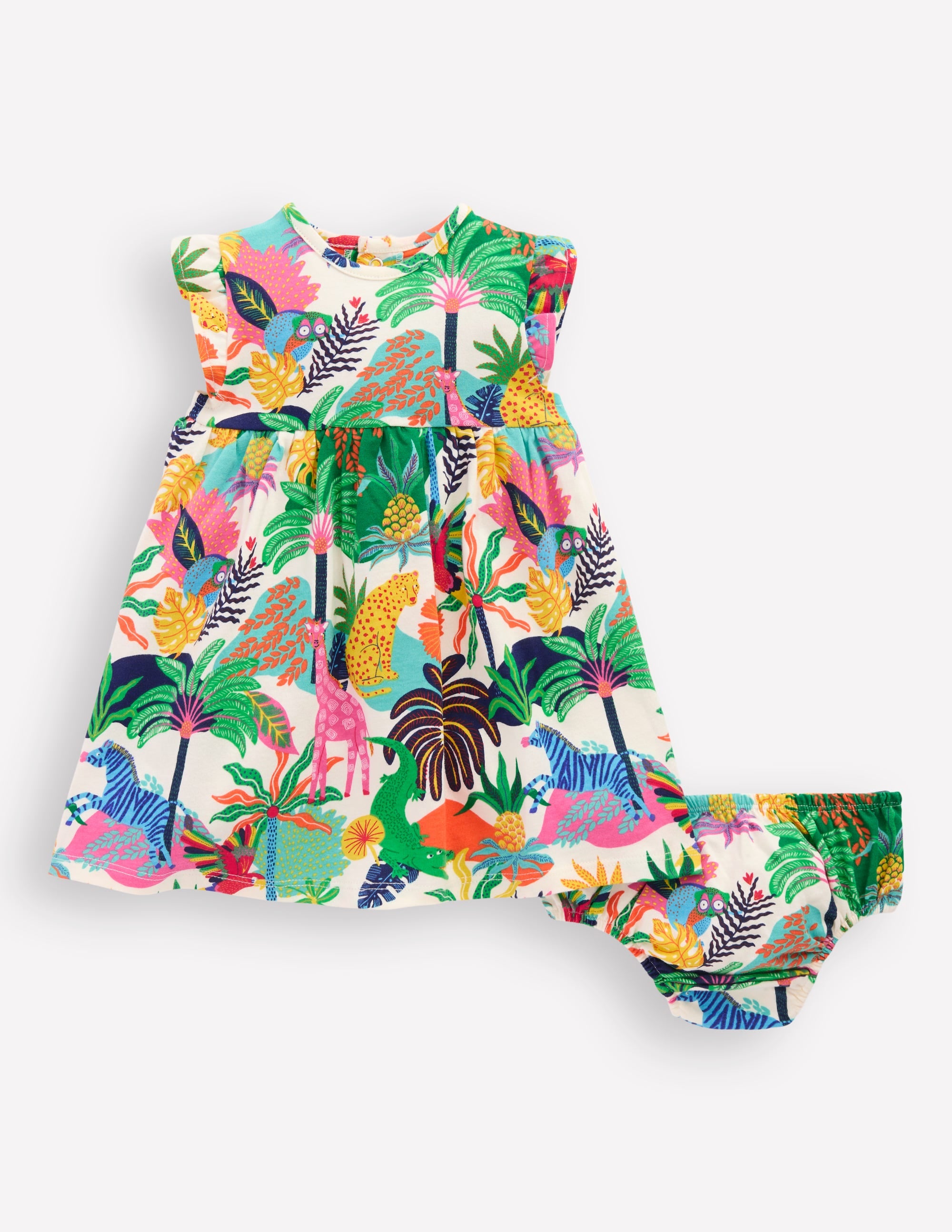 Jersey Frill Sleeve Dress-Coconut Milk Multi Jungle