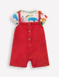 Double Cloth Overalls Set-Poppy Red Jungle