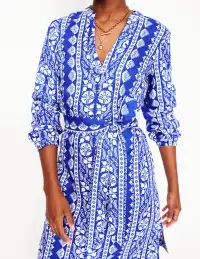 Cleo Linen Tie Waist Dress-Bright Blue. Ornate Border(Regular,2)