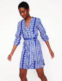 Cleo Linen Tie Waist Dress-Bright Blue. Ornate Border(Regular,2)