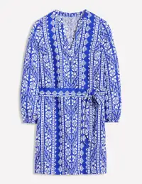 Cleo Linen Tie Waist Dress-Bright Blue. Ornate Border(Regular,2)