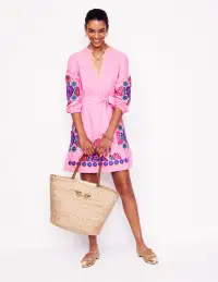 Cleo Linen Tie Waist Dress-Pink Chambray Embroidery(Regular,2)
