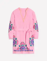 Cleo Linen Tie Waist Dress-Pink Chambray Embroidery(Regular,2)
