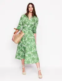 Amy Cotton Midi Shirt Dress-Paradise Green. Dahlia Stamp
