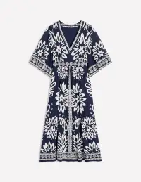 Maya Kimono Jersey Maxi Dress-French Navy. Palm Foliage(Petite,2)