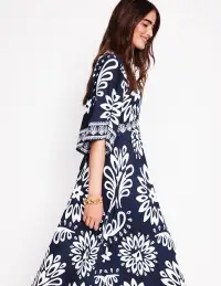 Maya Kimono Jersey Maxi Dress-French Navy. Palm Foliage