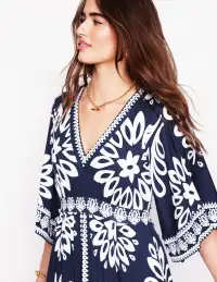 Maya Kimono Jersey Maxi Dress-French Navy. Palm Foliage(Petite,2)