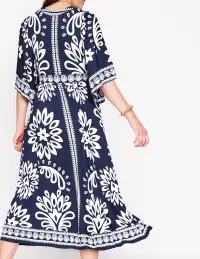 Maya Kimono Jersey Maxi Dress-French Navy. Palm Foliage(Petite,2)