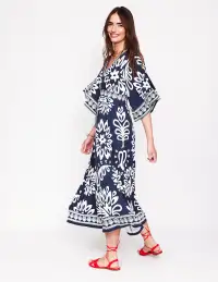 Maya Kimono Jersey Maxi Dress-French Navy. Palm Foliage(Petite,2)