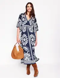 Maya Kimono Jersey Maxi Dress-French Navy. Palm Foliage(Petite,2)