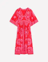 Maya Kimono Jersey Maxi Dress-Strawberry Red. Palm Foliage(Petite,2)