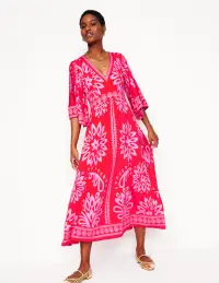 Maya Kimono Jersey Maxi Dress-Strawberry Red. Palm Foliage