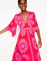 Maya Kimono Jersey Maxi Dress-Strawberry Red. Palm Foliage(Petite,2)