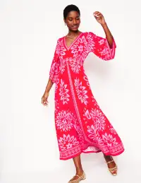 Maya Kimono Jersey Maxi Dress-Strawberry Red. Palm Foliage(Petite,2)