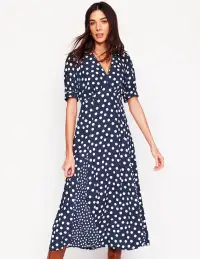 Rosie Godet Tea Dress-French Navy. Abstract Dot(Petite,2)