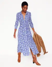 Marcia Jersey Midi Shirt Dress-Bright Blue. Elaborate Stamp(Petite,2)