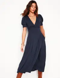 Kristen Pleated Jersey Dress-Navy(Petite,2)