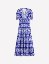 Bella Puff Sleeve Maxi Dress-Bright Blue. Ornate Border(Petite,2)