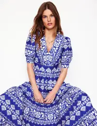 Bella Puff Sleeve Maxi Dress-Bright Blue. Ornate Border