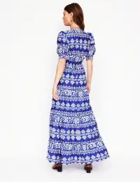 Bella Puff Sleeve Maxi Dress-Bright Blue. Ornate Border(Petite,2)