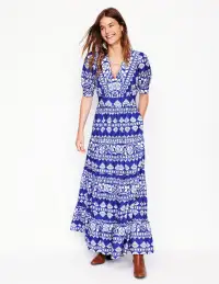 Bella Puff Sleeve Maxi Dress-Bright Blue. Ornate Border(Petite,2)