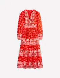Violet Cotton Midi Dress-Firecracker Red. Palm Flora(Petite,2)