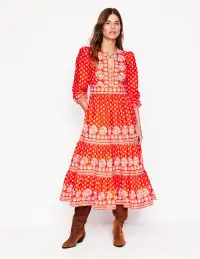 Violet Cotton Midi Dress-Firecracker Red. Palm Flora
