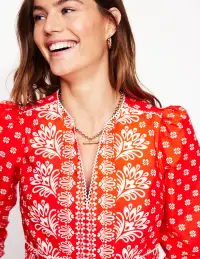 Violet Cotton Midi Dress-Firecracker Red. Palm Flora(Petite,2)