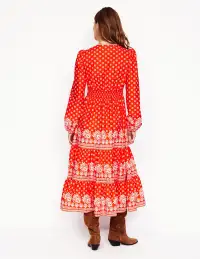 Violet Cotton Midi Dress-Firecracker Red. Palm Flora(Petite,2)