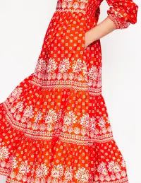 Violet Cotton Midi Dress-Firecracker Red. Palm Flora(Petite,2)
