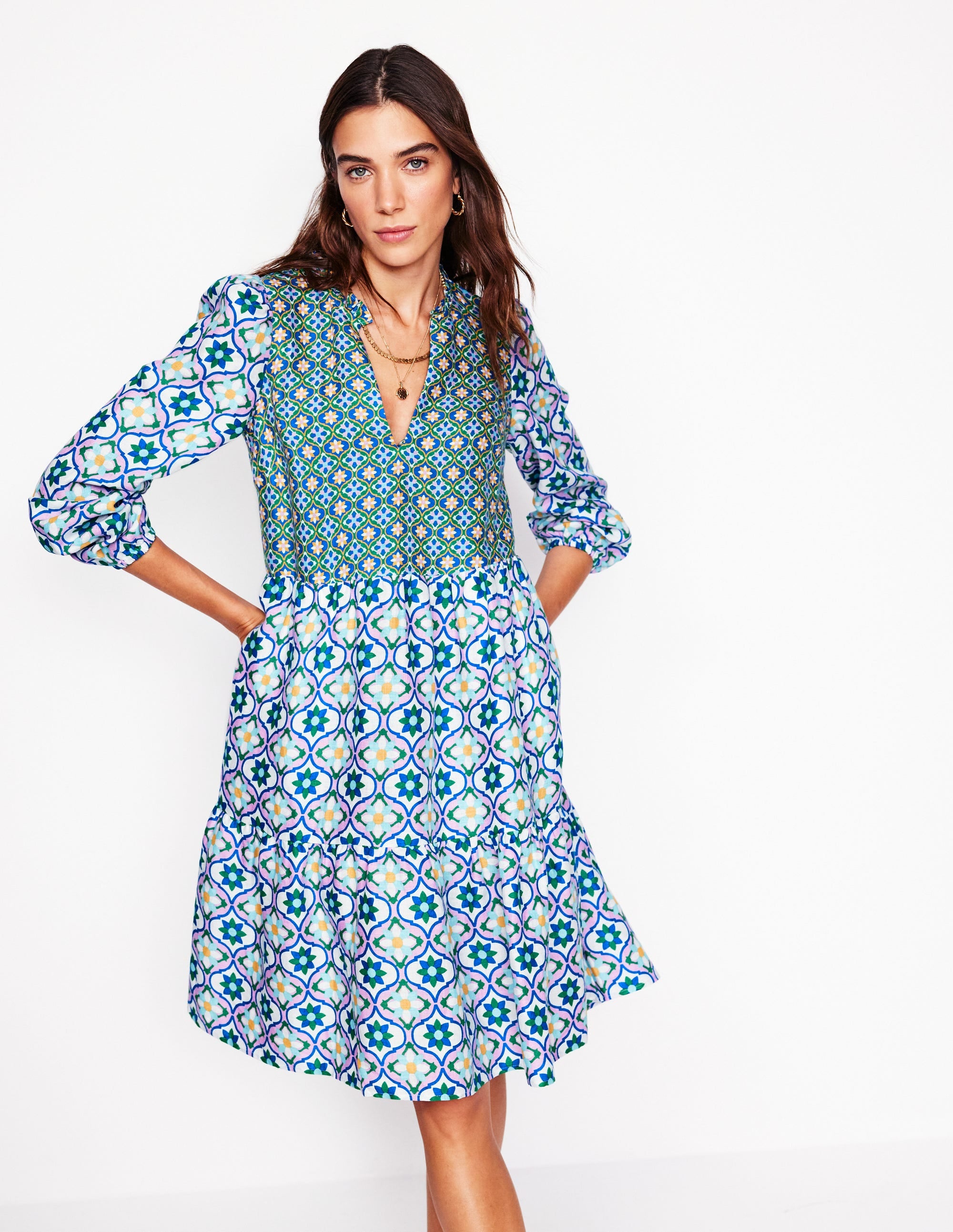 Esme Linen Short Dress-Multi. Floweret Tile