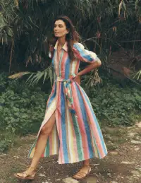 Alexa Linen Maxi Shirt Dress-Bright Rainbow Stripe(Petite,2)