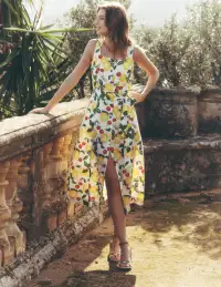 Square Neck Linen Midi Dress-Ivory. Cherries and Lemons(Petite,2)