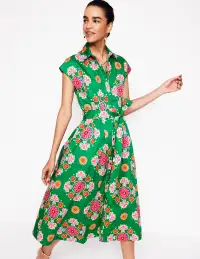 Rachel Cotton Midi Shirt Dress-Rich Emerald. Meadow Posy(Petite,2)