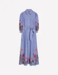 Clara Linen Blend Shirt Dress-Blue Chambray. Embroidered(Petite,2)