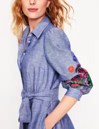 Clara Linen Blend Shirt Dress-Blue Chambray. Embroidered(Petite,2)