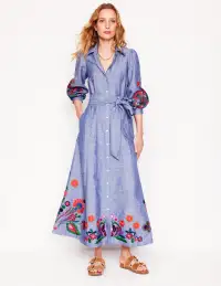 Clara Linen Blend Shirt Dress-Blue Chambray. Embroidered(Petite,2)