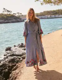 Clara Linen Blend Shirt Dress-Blue Chambray. Embroidered(Petite,2)