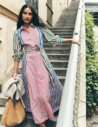 Clara Cotton Shirt Dress-Pink Rose. Red Stripe(Petite,2)