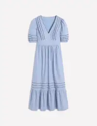Smocked Waist Linen Dress-Grey Blue Chambray(Petite,2)