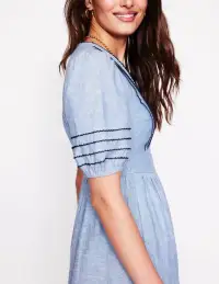 Smocked Waist Linen Dress-Grey Blue Chambray(Petite,2)