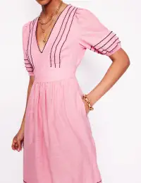 Smocked Waist Linen Dress-Meadowsweet Pink(Petite,2)