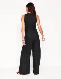 V-Neck Linen Jumpsuit-Black(Petite,2)