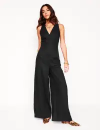 V-Neck Linen Jumpsuit-Black(Petite,2)