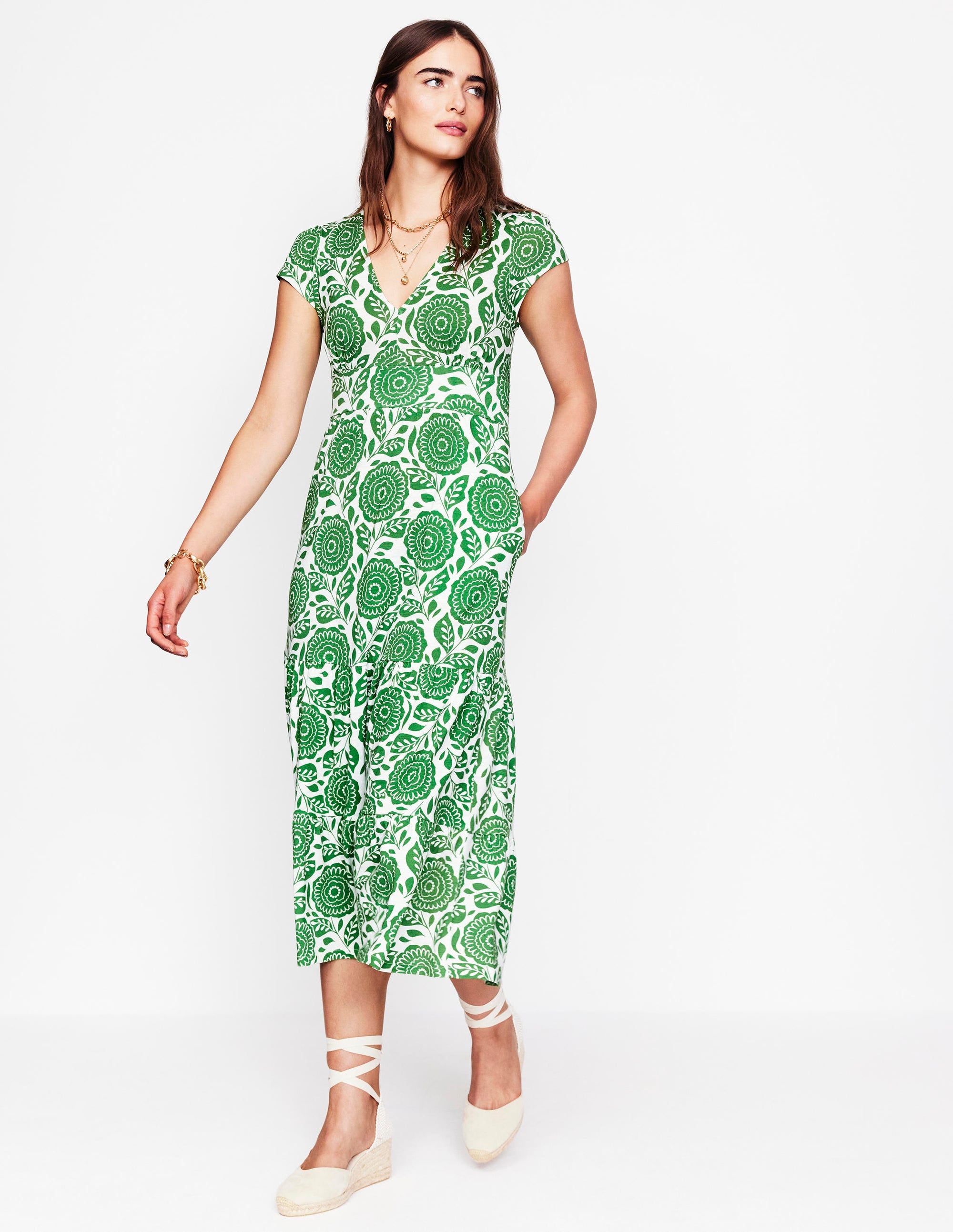 Eloise Tiered Jersey Dress-Paradise Green. Dahlia Stamp