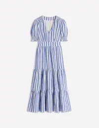 Anna Linen Tiered Midi Dress-Bright Blue Stripe(Petite,2)