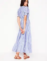 Anna Linen Tiered Midi Dress-Bright Blue Stripe(Petite,2)