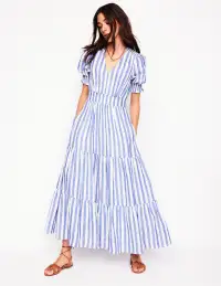 Anna Linen Tiered Midi Dress-Bright Blue Stripe(Petite,2)