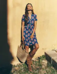 Naomi Short Sleeve Dress-Bright Blue. Wildflower Stamp(Petite,2)
